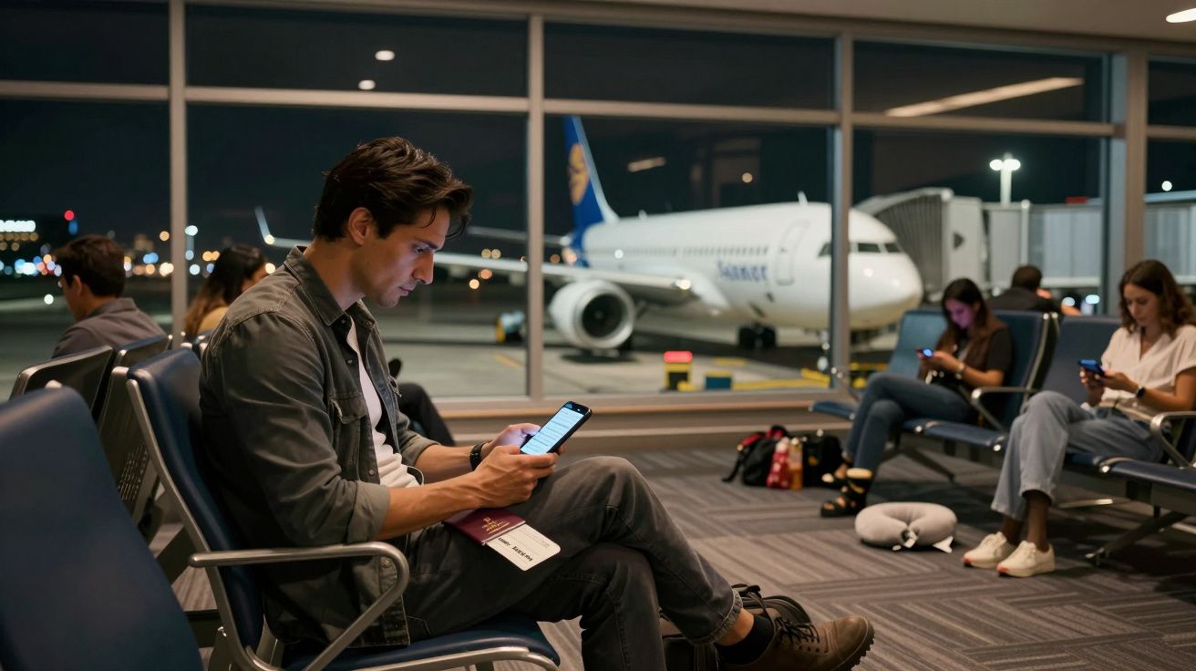 Homem sentado em cadeira de aeroporto usando celular, com avião estacionado e outras pessoas ao fundo.