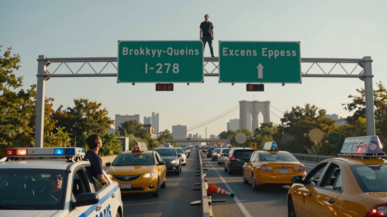 Homem em sinalização de rodovia acima de trânsito congestionado com carros, táxis e viatura policial no dia.