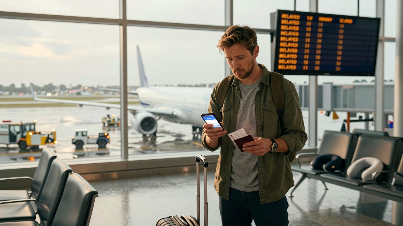 Homem em aeroporto com celular, passaporte e mala, avião e painel de voos atrasados ao fundo.