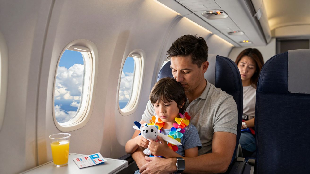 Homem abraça criança com brinquedo em avião, mulher observa ao fundo, janela mostra céu com nuvens.