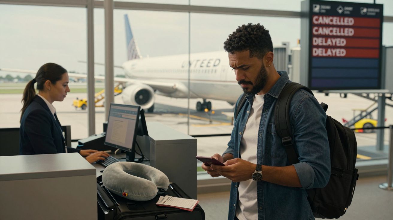 Homem com mochila checa celular no balcão do aeroporto com painel anunciando voos cancelados e atrasados.
