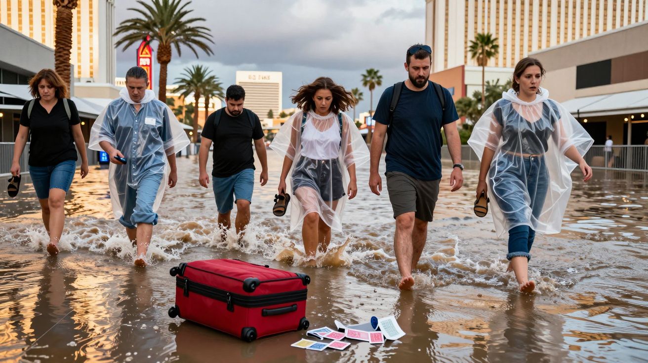 Pessoas caminhando descalças em rua alagada com malas e documentos espalhados na água.