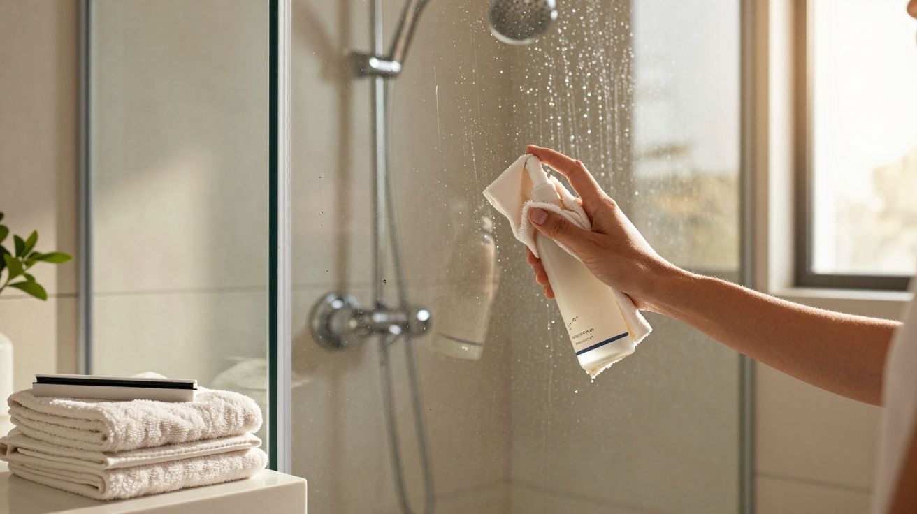 Pessoa limpando o vidro do box do banheiro com um pano branco e produto de limpeza.