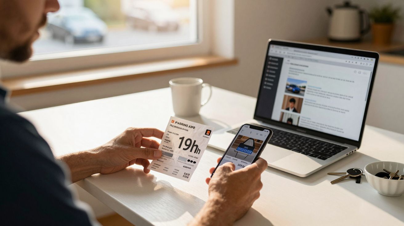 Pessoa segurando ticket de estacionamento e smartphone enquanto está à mesa com laptop, xícara e chave.