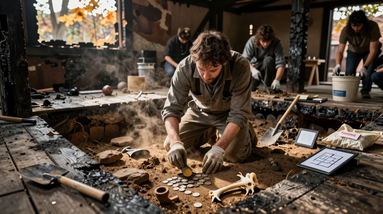 Equipe de arqueólogos escavando e examinando artefatos em sítio arqueológico interno.
