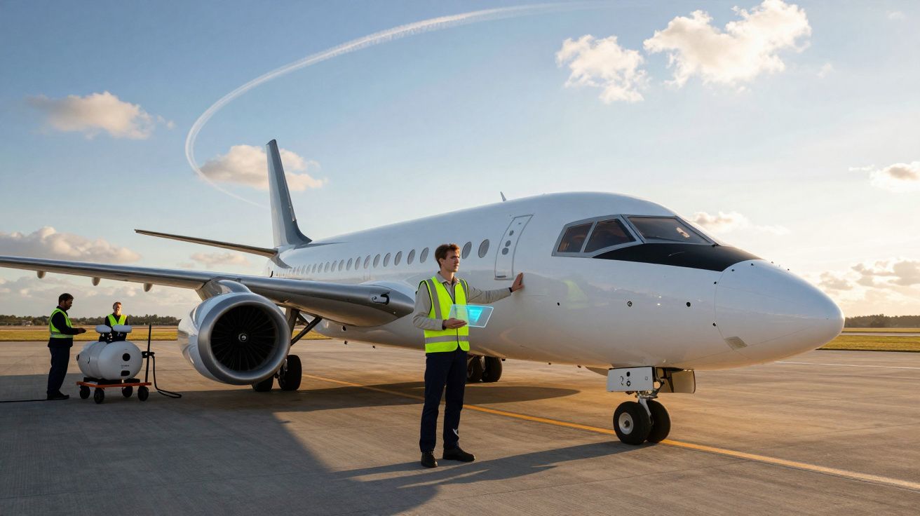 Funcionários em coletes refletores inspecionam avião branco estacionado em aeroporto ao entardecer.