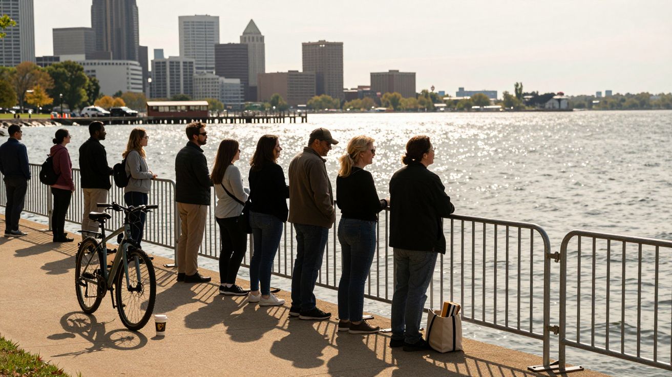 Pessoas observam a paisagem à beira do lago, com prédios ao fundo em dia ensolarado.