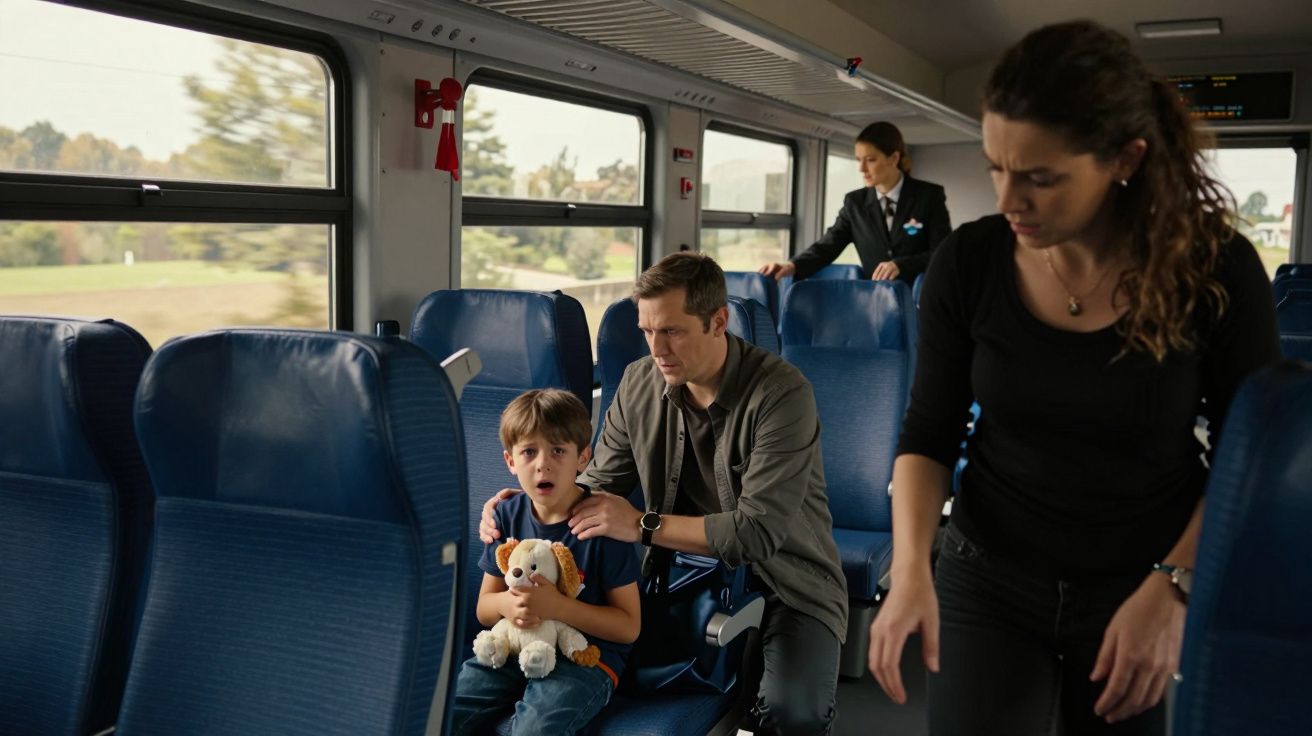 Homem conforta menino com cachorro de pelúcia em assento de trem, mulher caminha no corredor e funcionária verifica bancos.