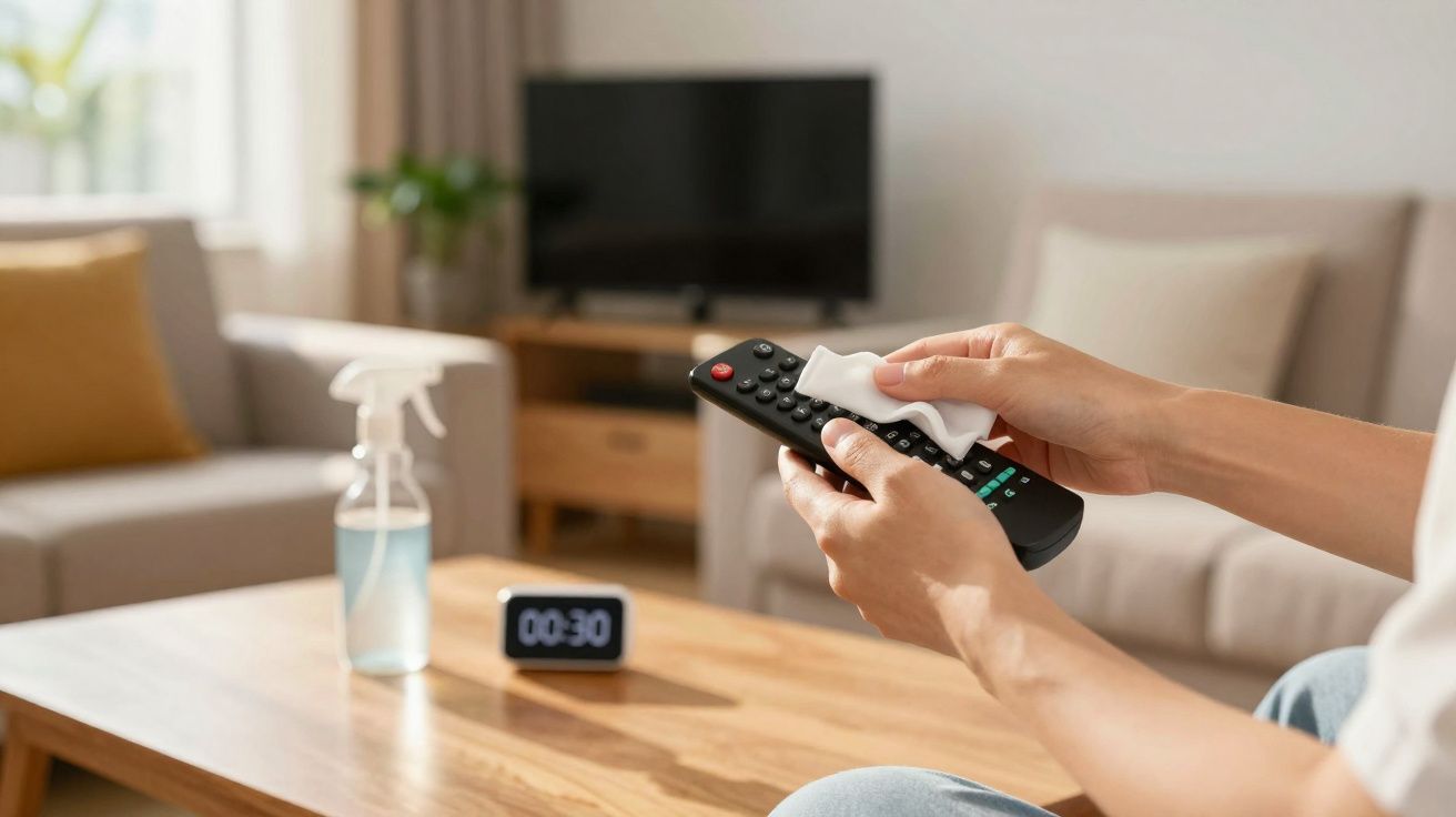 Pessoa limpando controle remoto com pano branco em sala de estar com sofá, TV e relógio digital.