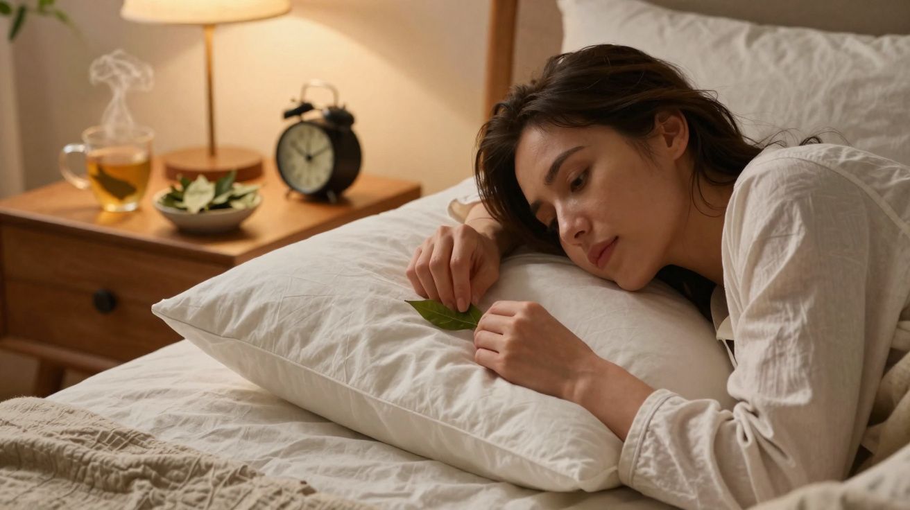 Mulher deitada na cama olhando para uma folha verde enquanto segura um travesseiro branco.