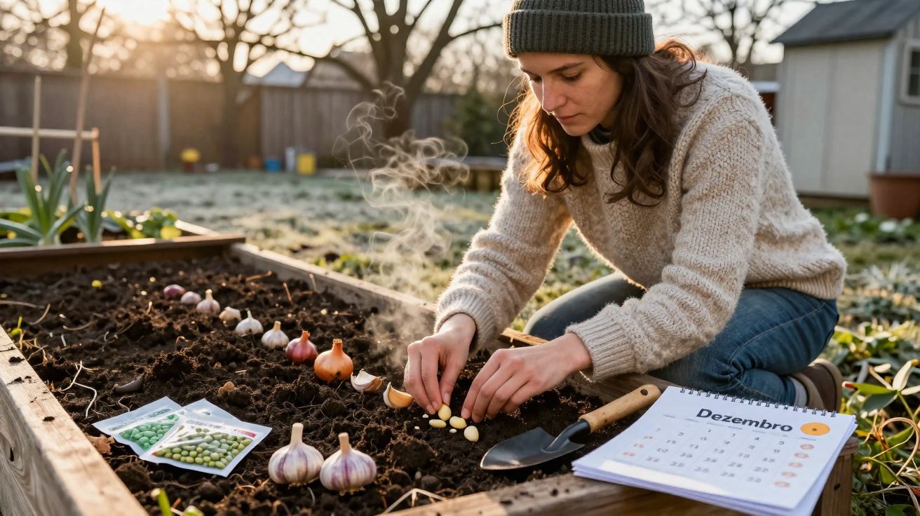 Mulher plantando dentes de alho em canteiro no jardim em dia frio de dezembro.