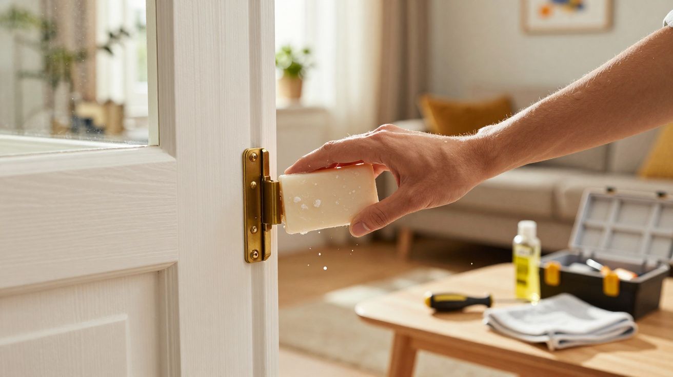 Pessoa limpando a trava dourada de uma porta branca com sabão em barra dentro de uma sala.