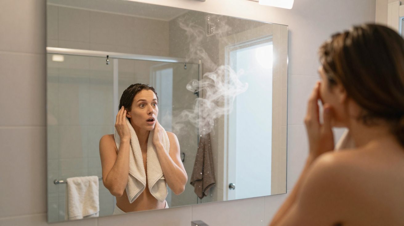 Mulher com toalha no pescoço olha surpresa para o espelho em banheiro com vapor de água.