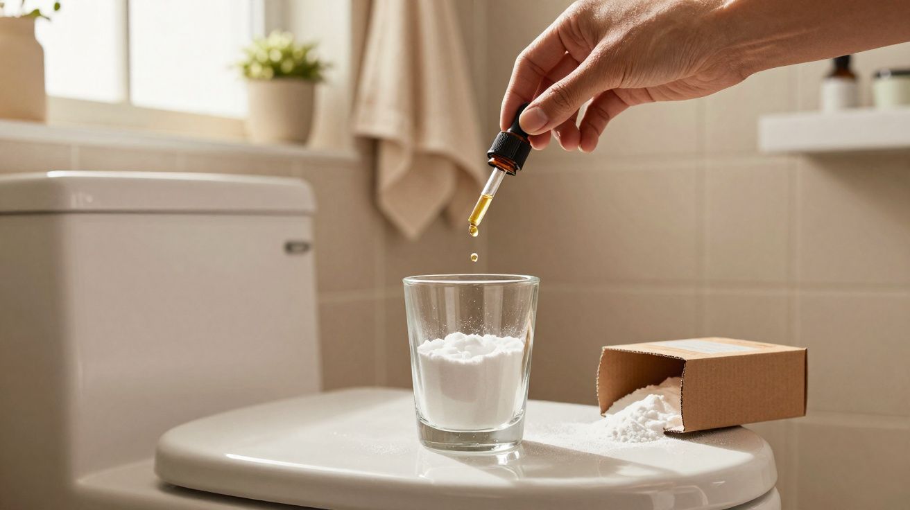 Mão pingando líquido de conta-gotas em copo com pó branco, caixa aberta ao lado, em banheiro iluminado.
