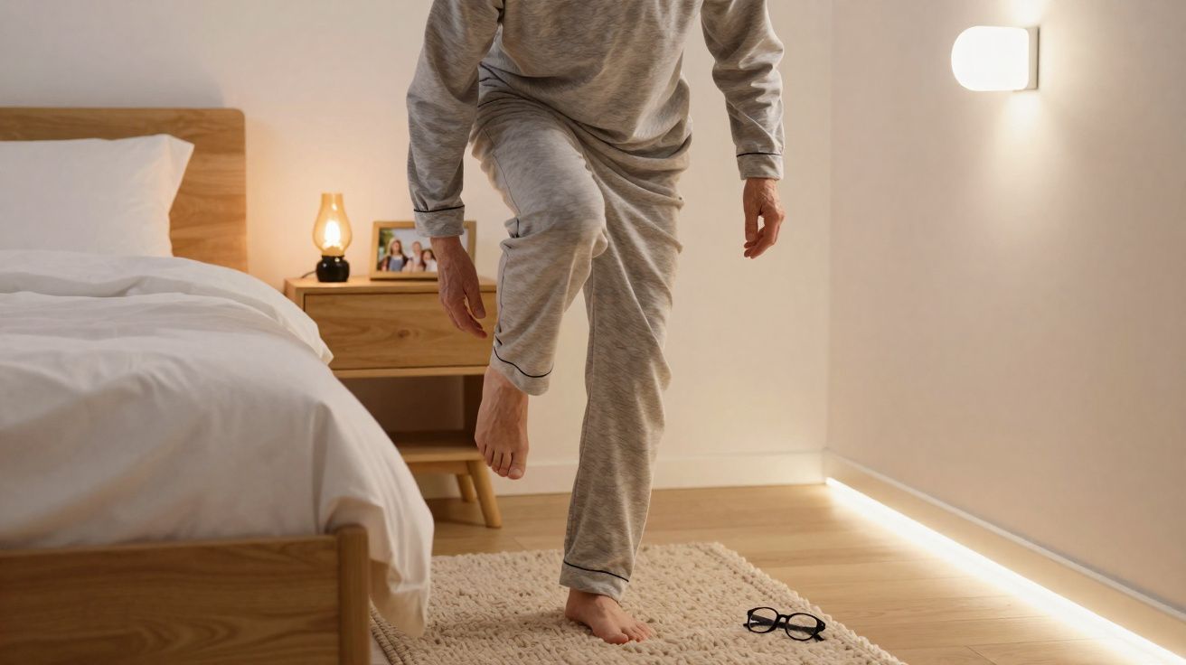 Pessoa em pijama cinza tentando calçar um pé, em quarto com cama, abajur e óculos no tapete.