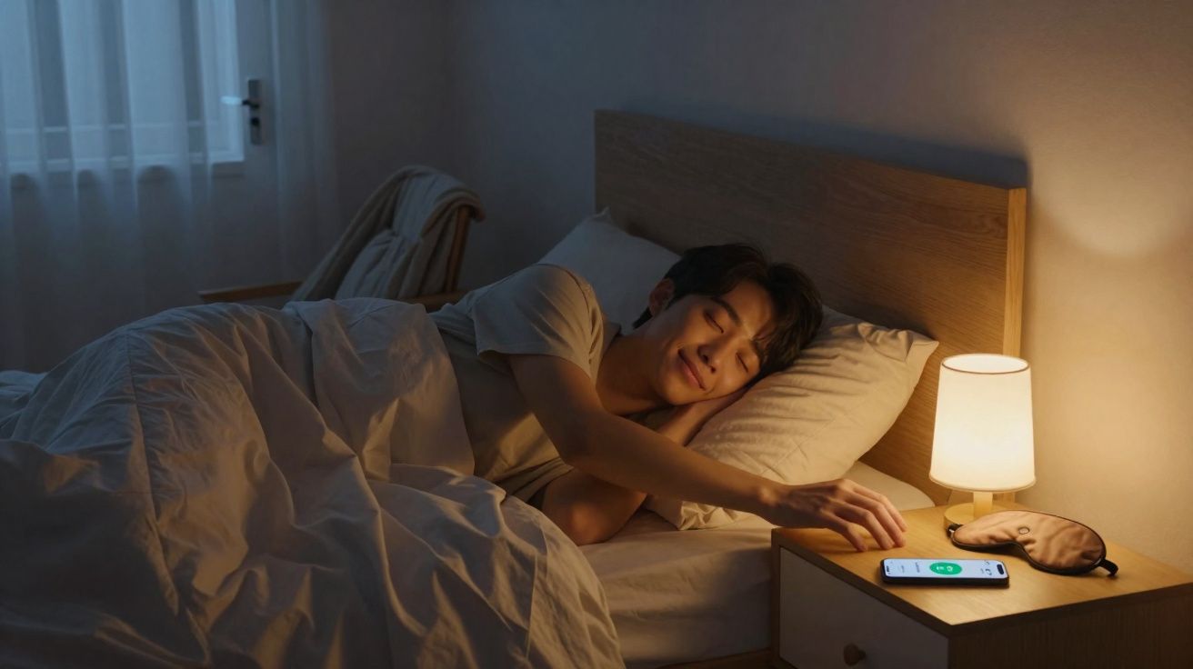 Homem acordando na cama, desligando alarme em smartphone ao lado da luminária no quarto escuro.