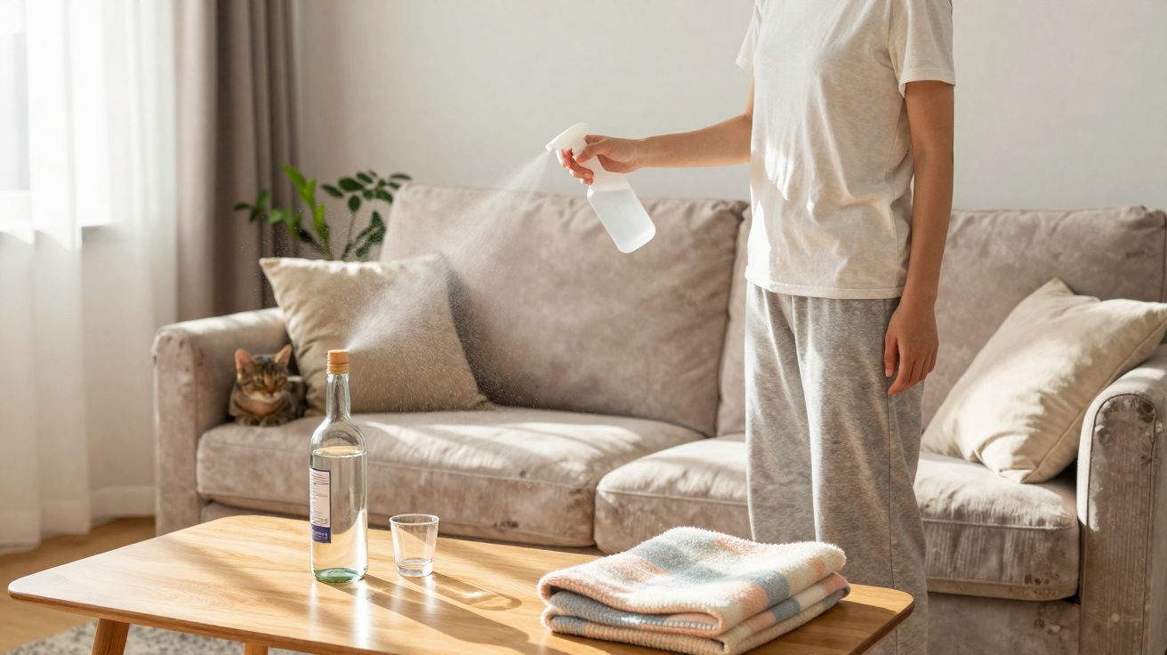 Pessoa borrifando líquido em ambiente com sofá, gato e mesa de madeira com garrafa e cobertor.