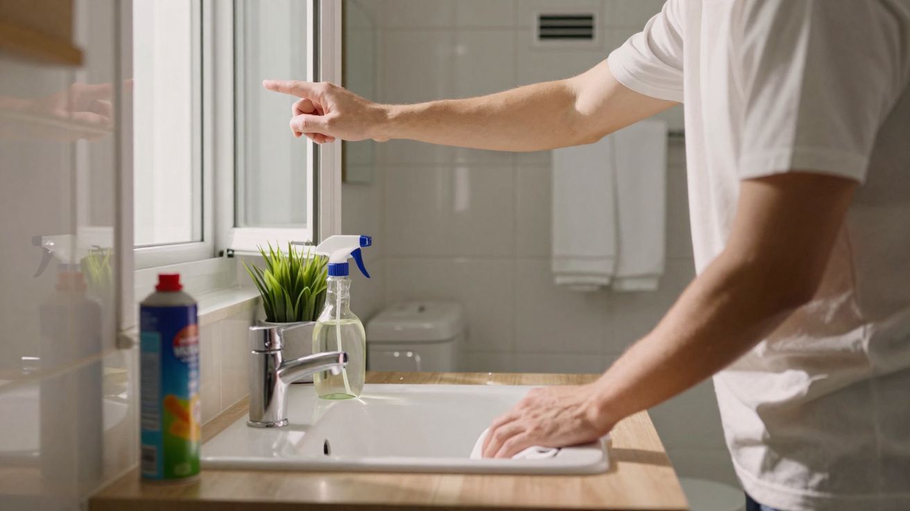 Pessoa limpando pia de banheiro com spray e pano branco, ao lado de vaso sanitário e planta artificial.