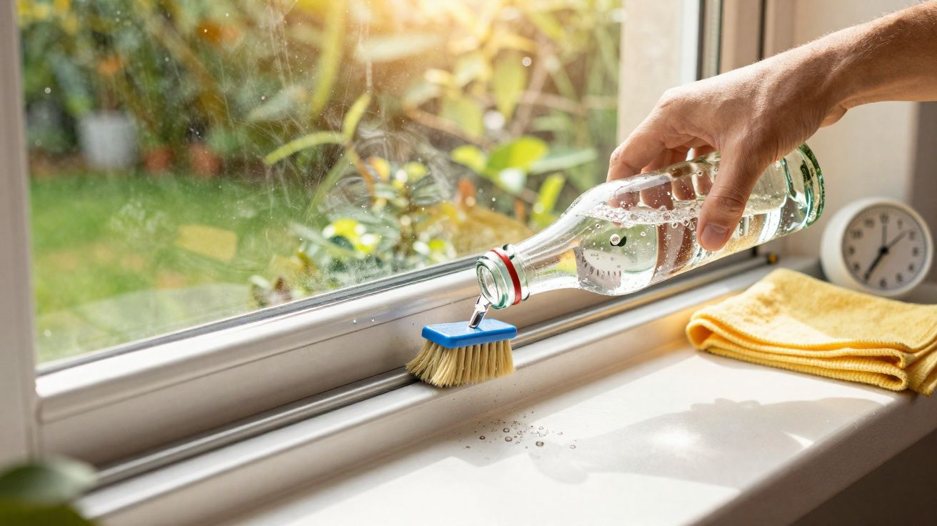 Mão usando escova e vinagre para limpar a sujeira do trilho de uma janela branca em dia ensolarado.