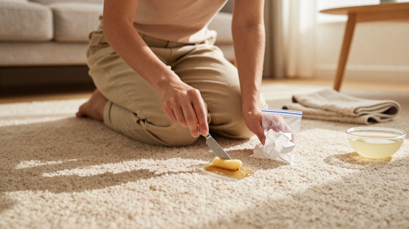 Pessoa usando faca para aplicar sabão em mancha no carpete bege em sala clara e arejada