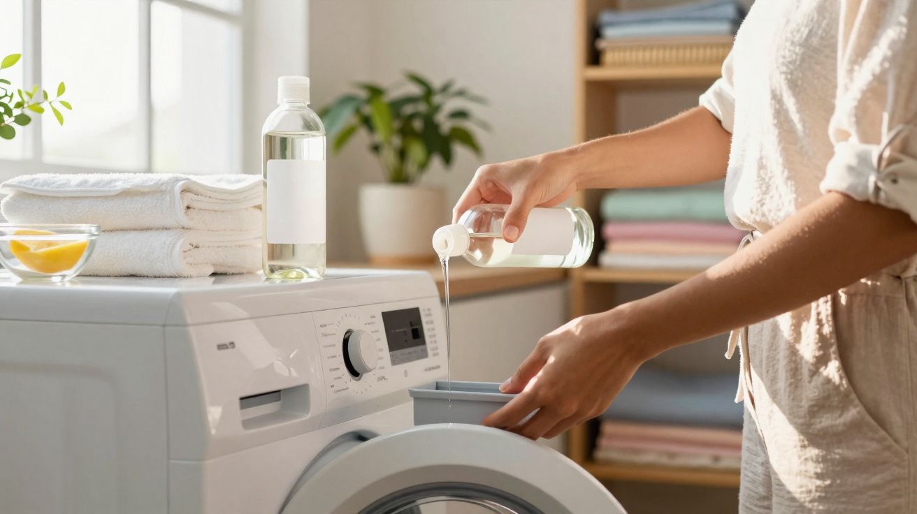 Pessoa despejando líquido em máquina de lavar roupa em ambiente organizado e iluminado.