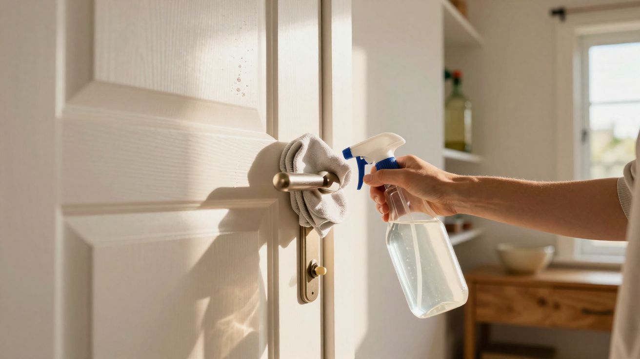 Pessoa limpando maçaneta de porta branca com pano e borrifador em ambiente iluminado.