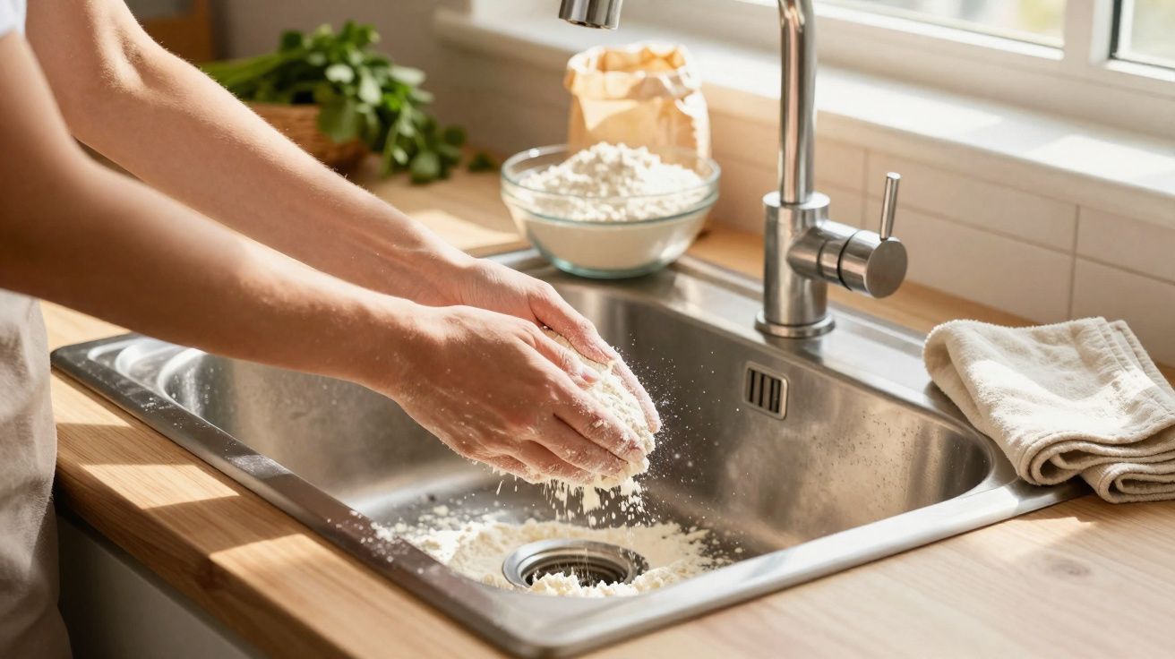 Pessoa lavando farinha na pia de cozinha com utensílios e panos ao redor, em ambiente iluminado.