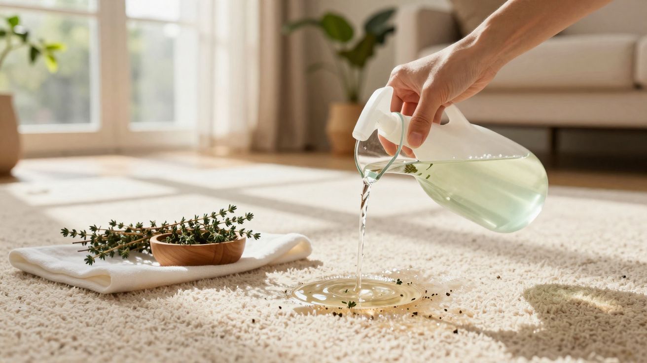 Mão despejando líquido transparente em tapete claro, com toalha branca e raminhos verdes ao lado.