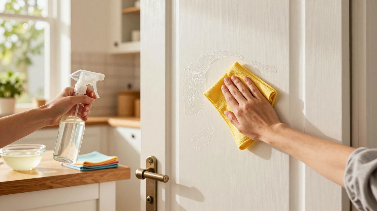 Pessoa limpando porta branca com pano amarelo e borrifador na cozinha iluminada.