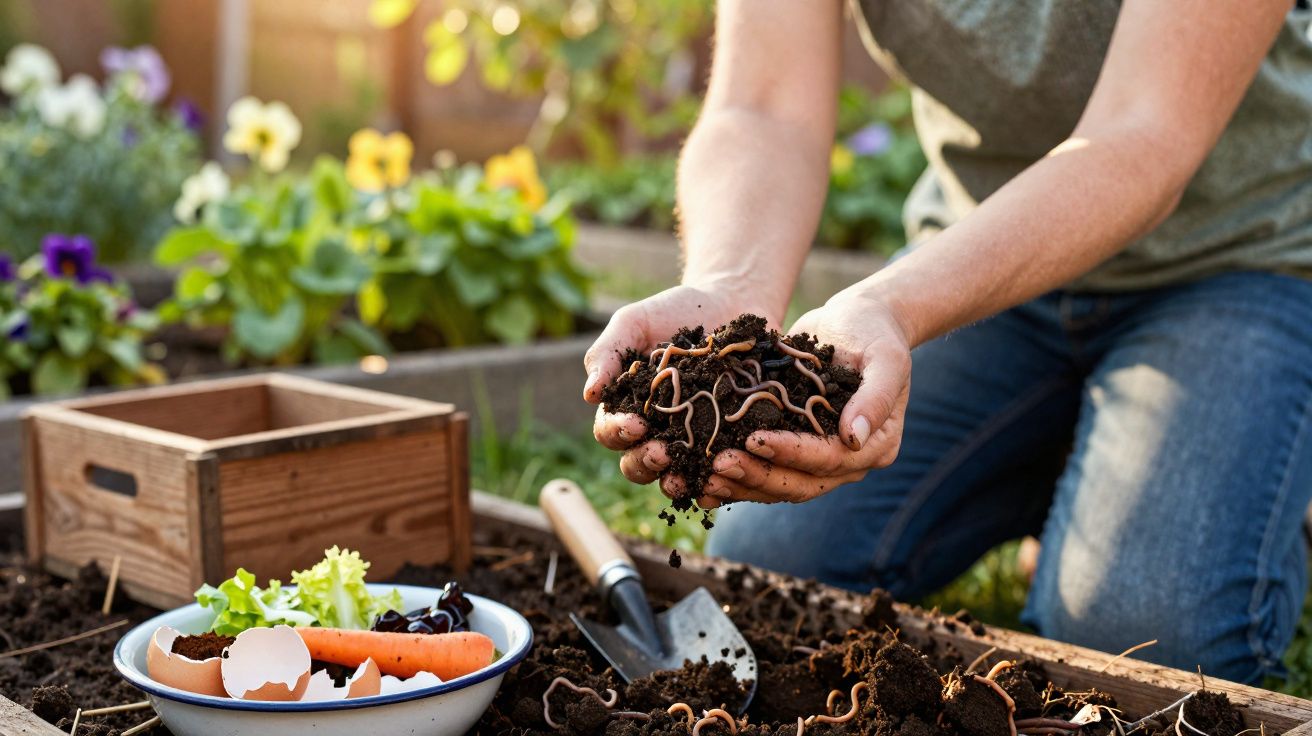 Pessoa ajoelhada segurando terra com minhocas em horta caseira com flores e utensílios de jardinagem.