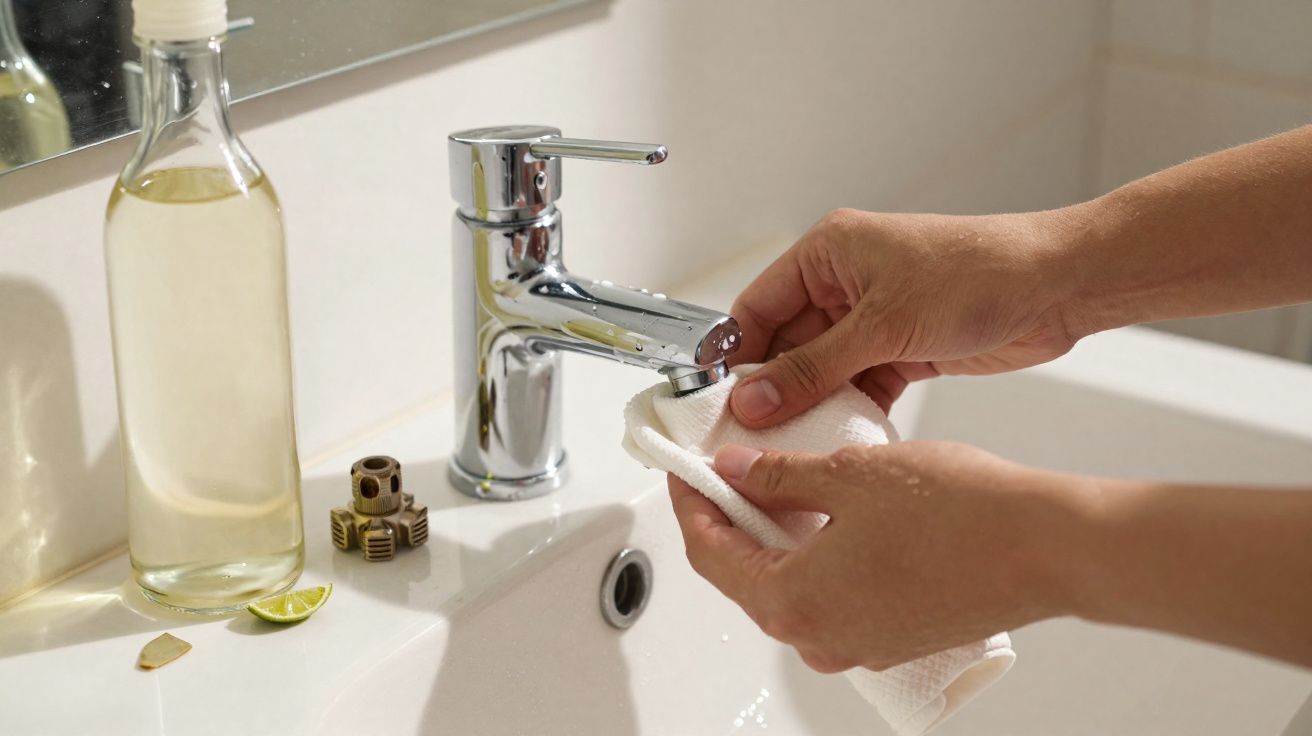 Mãos limpando a torneira cromada de uma pia branca com um pano branco em banheiro.