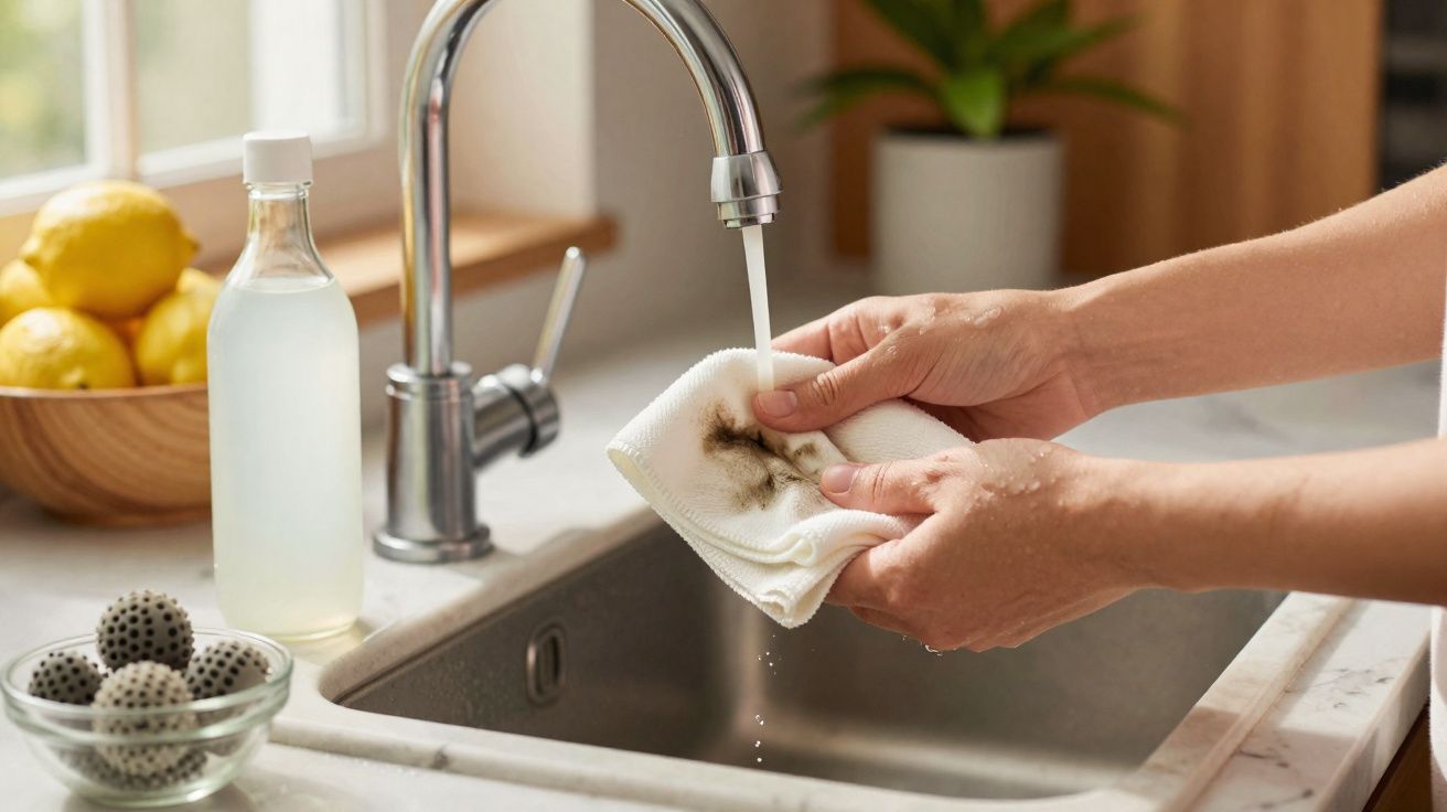 Mãos lavando pano sujo na pia da cozinha com água corrente, ao lado, limões e utensílios.