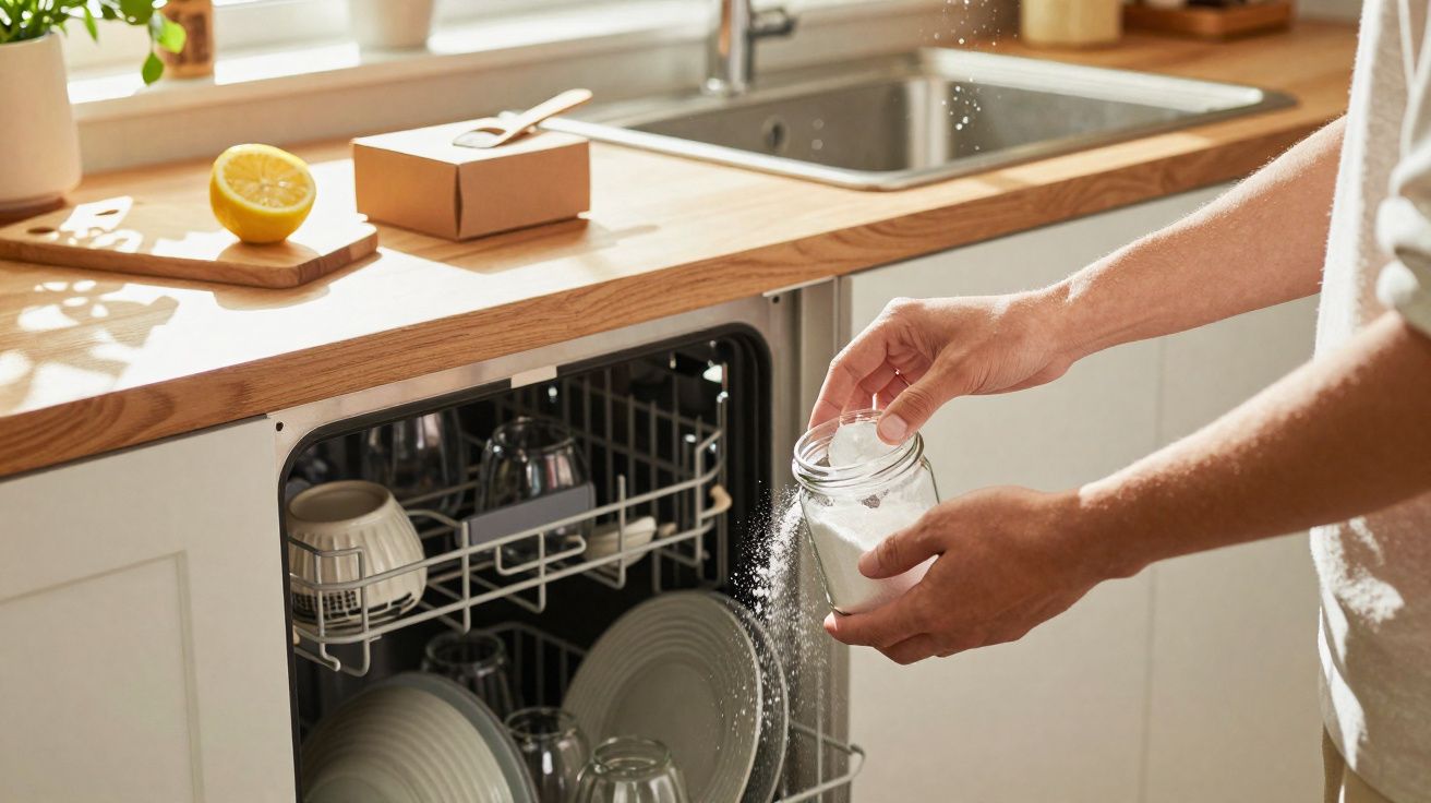 Pessoa aplicando bolha de sabão em jarra antes de colocar na lava-louças na cozinha ensolarada.