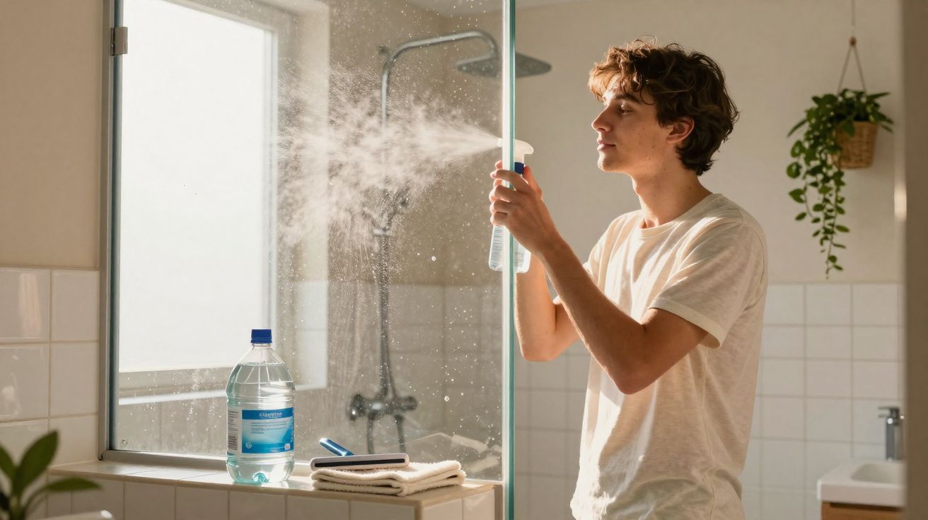 Jovem limpa vidro do box do banheiro com borrifador de produto de limpeza em ambiente iluminado.