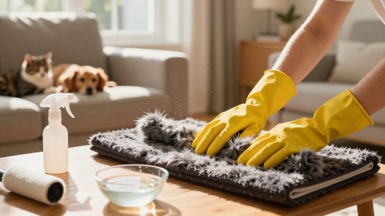 Pessoa com luvas amarelas limpando um tapete cinza enquanto um gato e um cachorro observam no sofá.