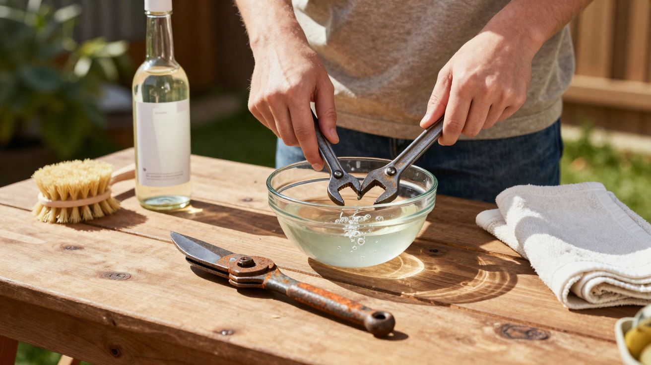 Pessoa limpando ferramentas com chave inglesa em uma tigela de vidro com água sobre mesa de madeira.