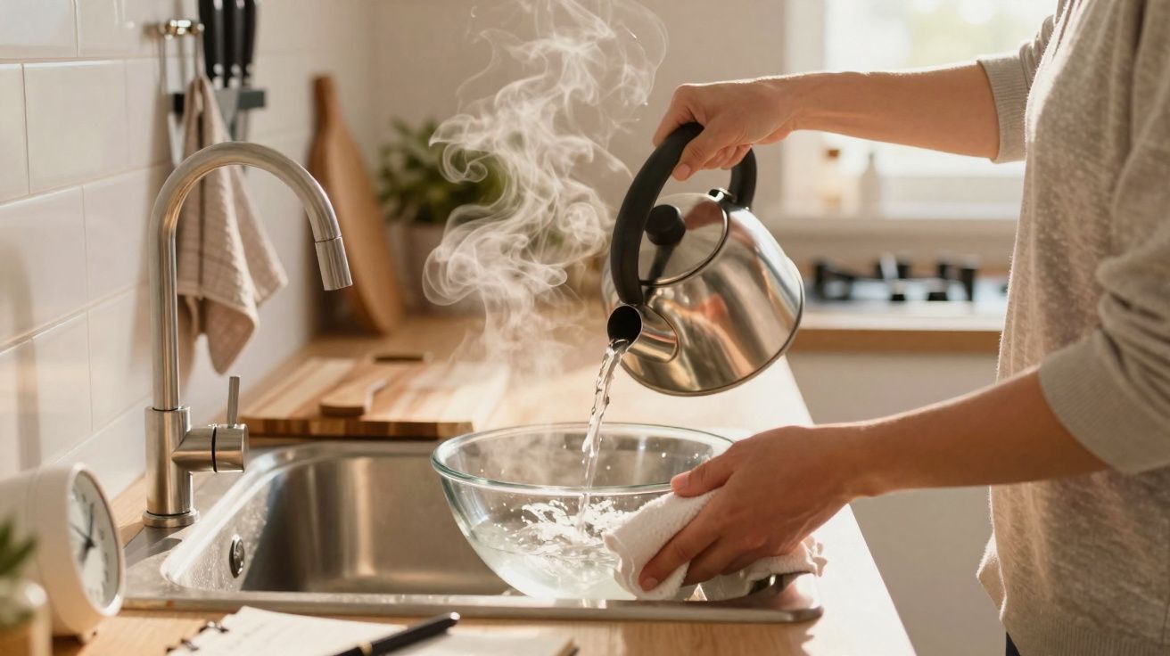 Pessoa despejando água quente de uma chaleira em uma tigela de vidro na pia da cozinha.