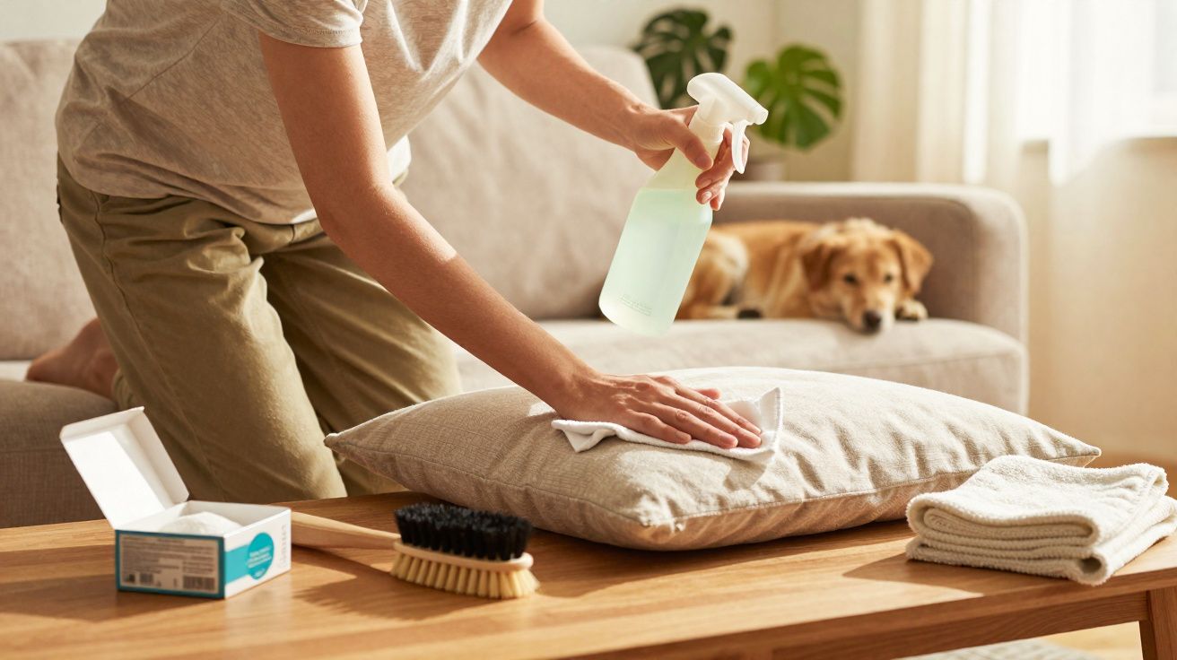 Pessoa limpando almofada na sala com cachorro deitado no sofá ao fundo.