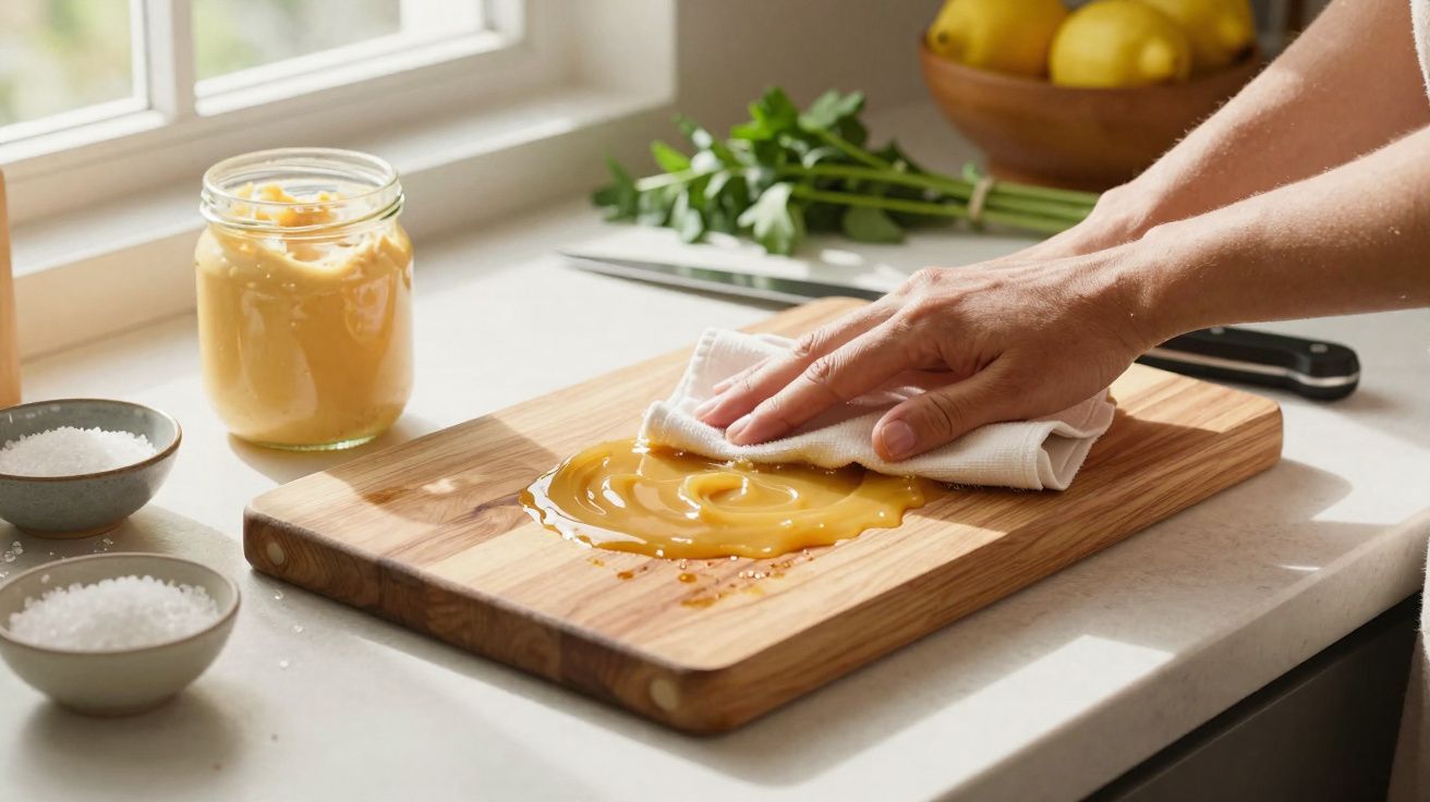 Mão limpando com pano tábua de madeira onde está espalhado doce de leite na cozinha iluminada.