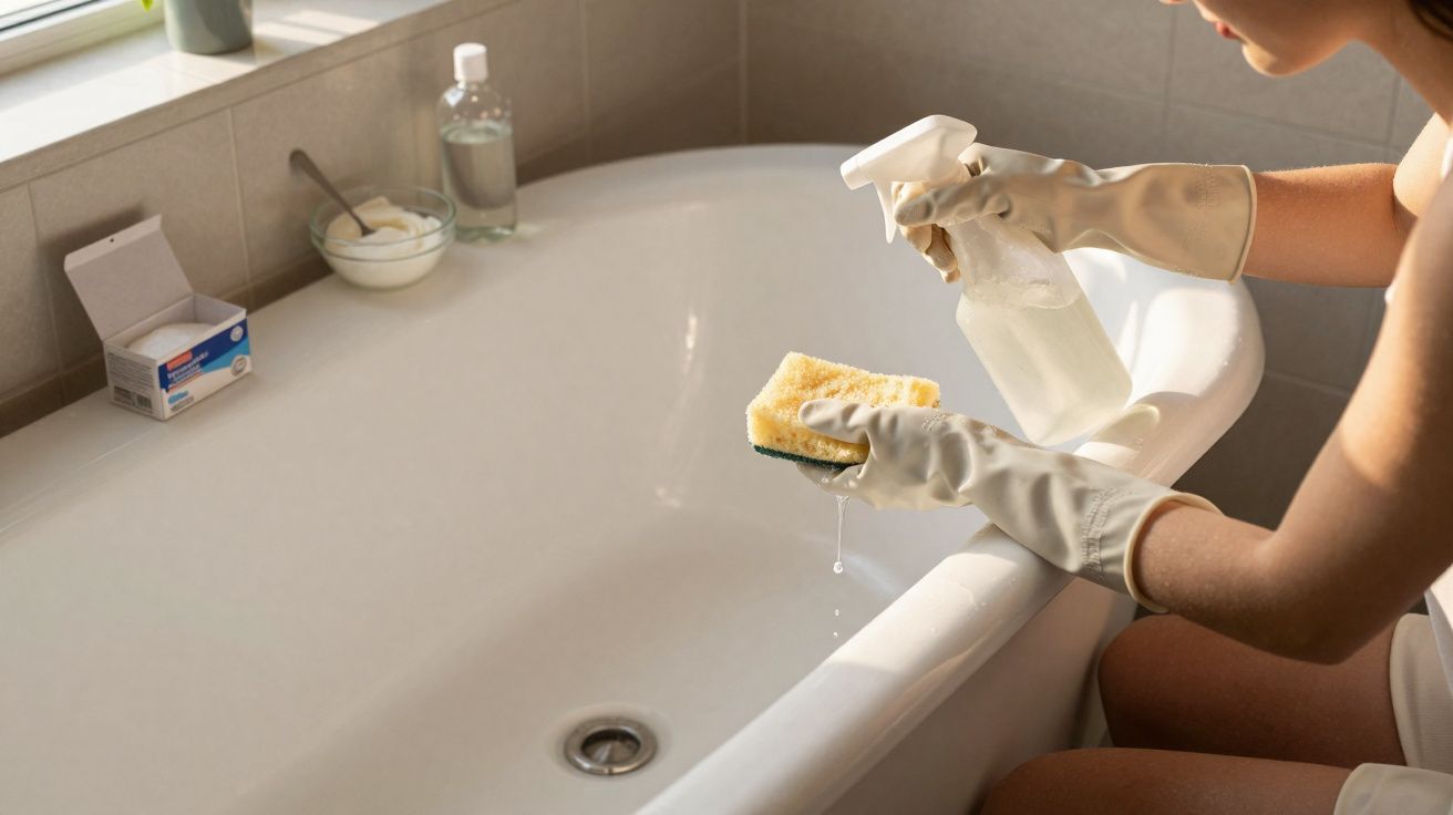 Pessoa com luvas limpando banheira branca usando esponja amarela e frasco borrifador transparente.