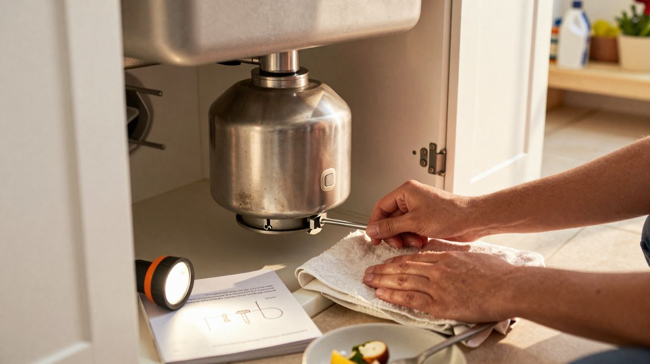 Pessoa ajusta triturador de pia com toalha entre mãos para proteção, ao lado de lanterna e manual.