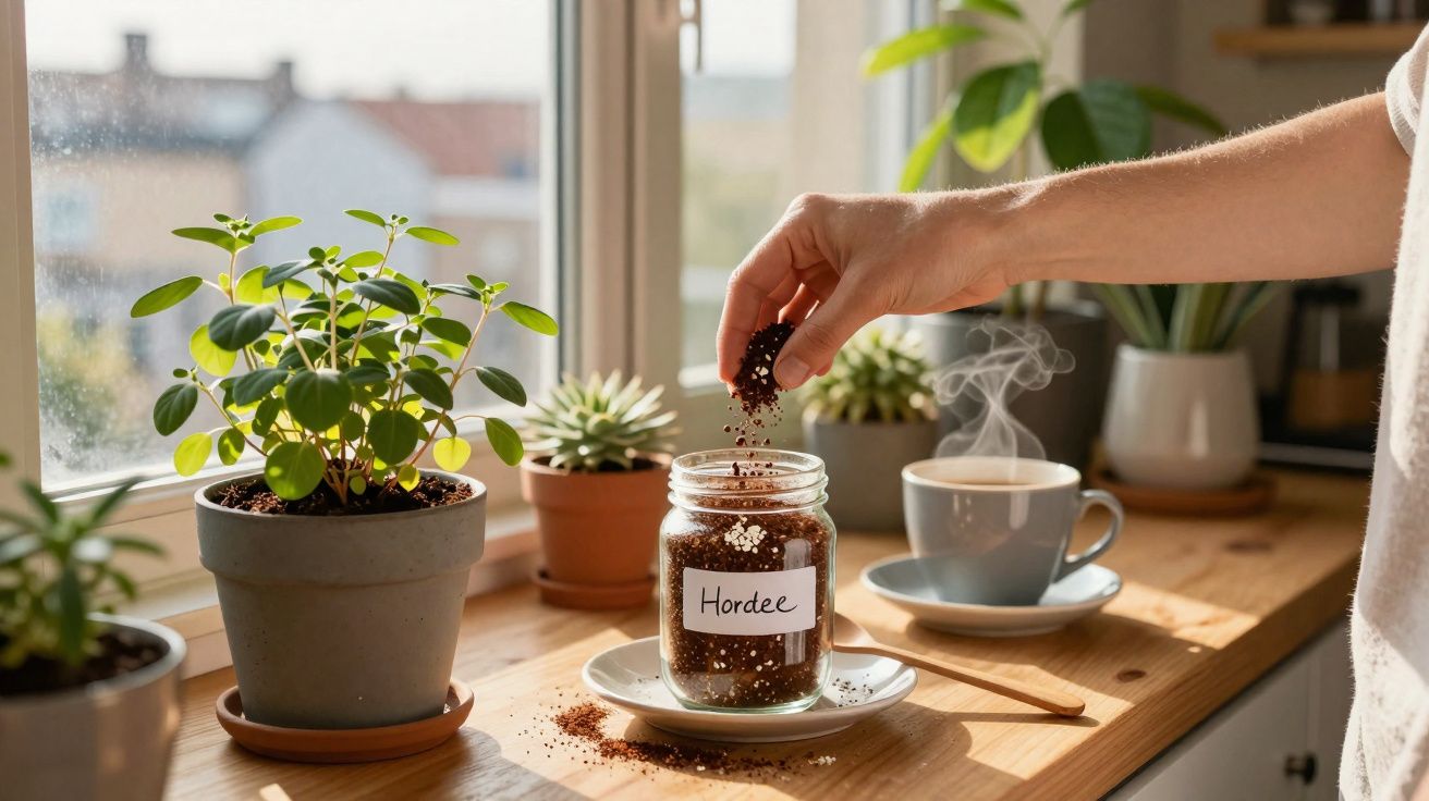 Pessoa colocando pó de bebida em pote de vidro próximo a plantas e xícara de café com vapor.