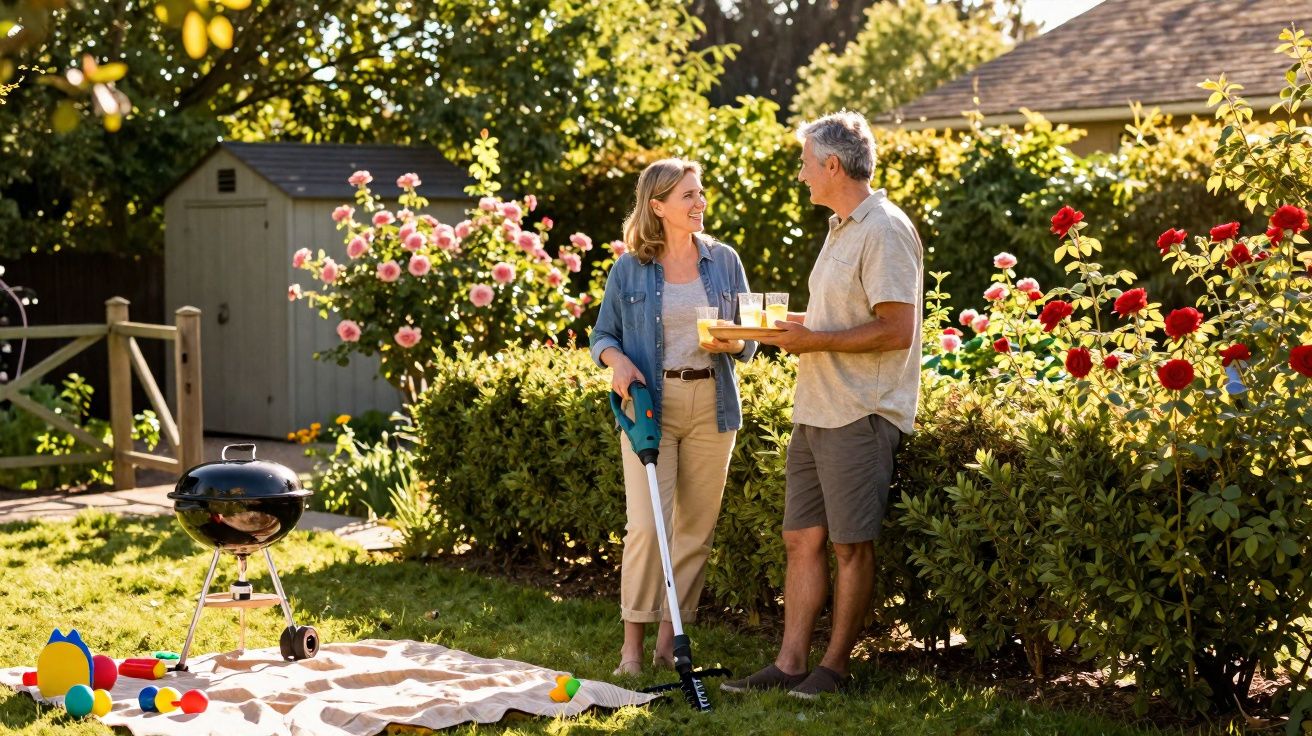 Casal maduro sorrindo no jardim, com brinquedos no chão e churrasqueira ao fundo.