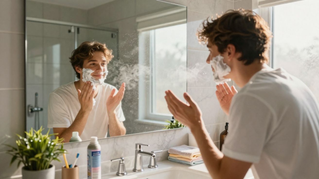 Homem jovem aplicando espuma de barbear no rosto em frente ao espelho do banheiro iluminado.