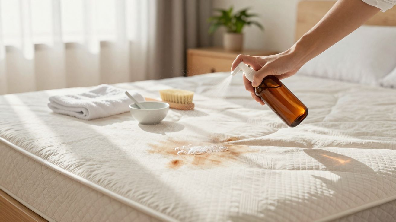 Pessoa aplicando spray para remover mancha em colchão branco com toalha, escova e bowl ao fundo.