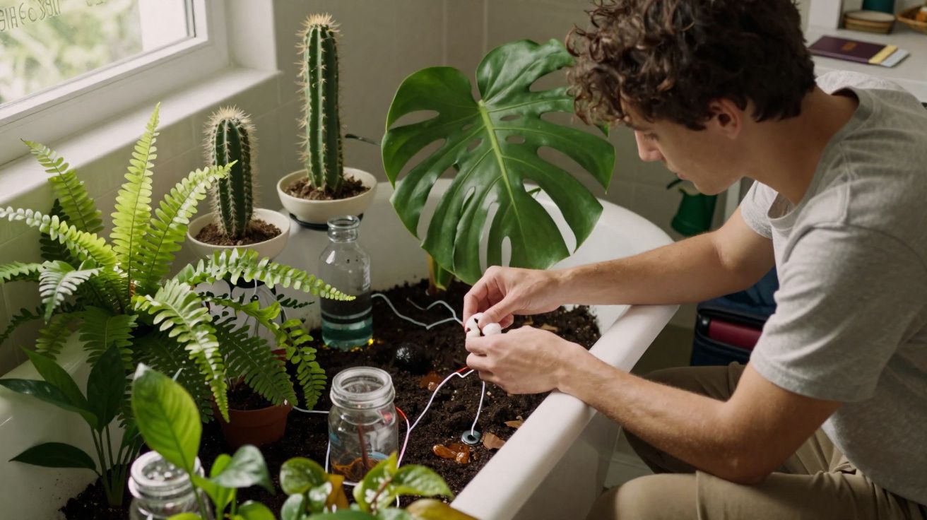 Homem cuidando de plantas em uma banheira adaptada como jardim interno perto da janela.