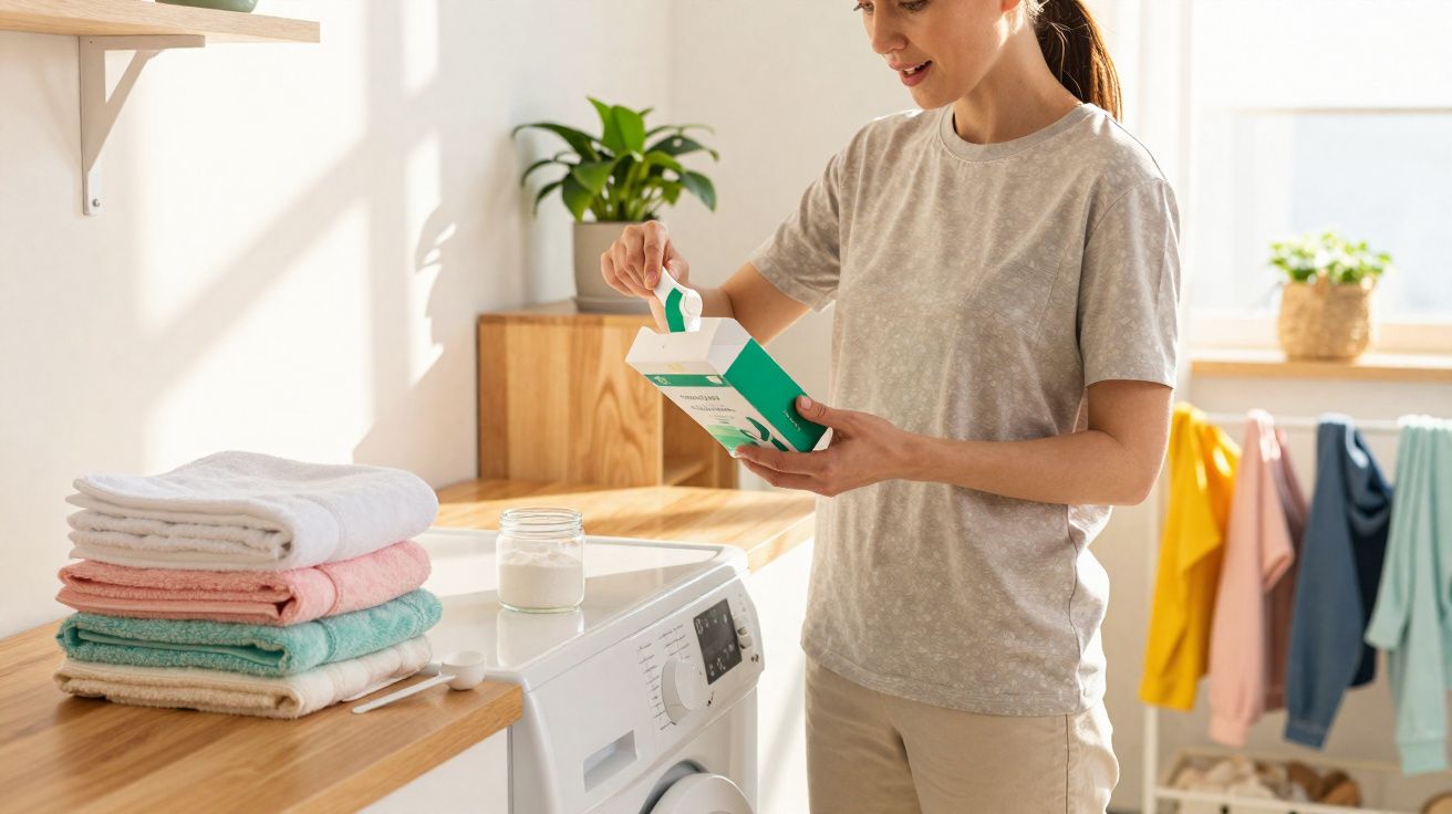 Mulher colocando detergente em pó na máquina de lavar com toalhas dobradas sobre bancada luminosa.