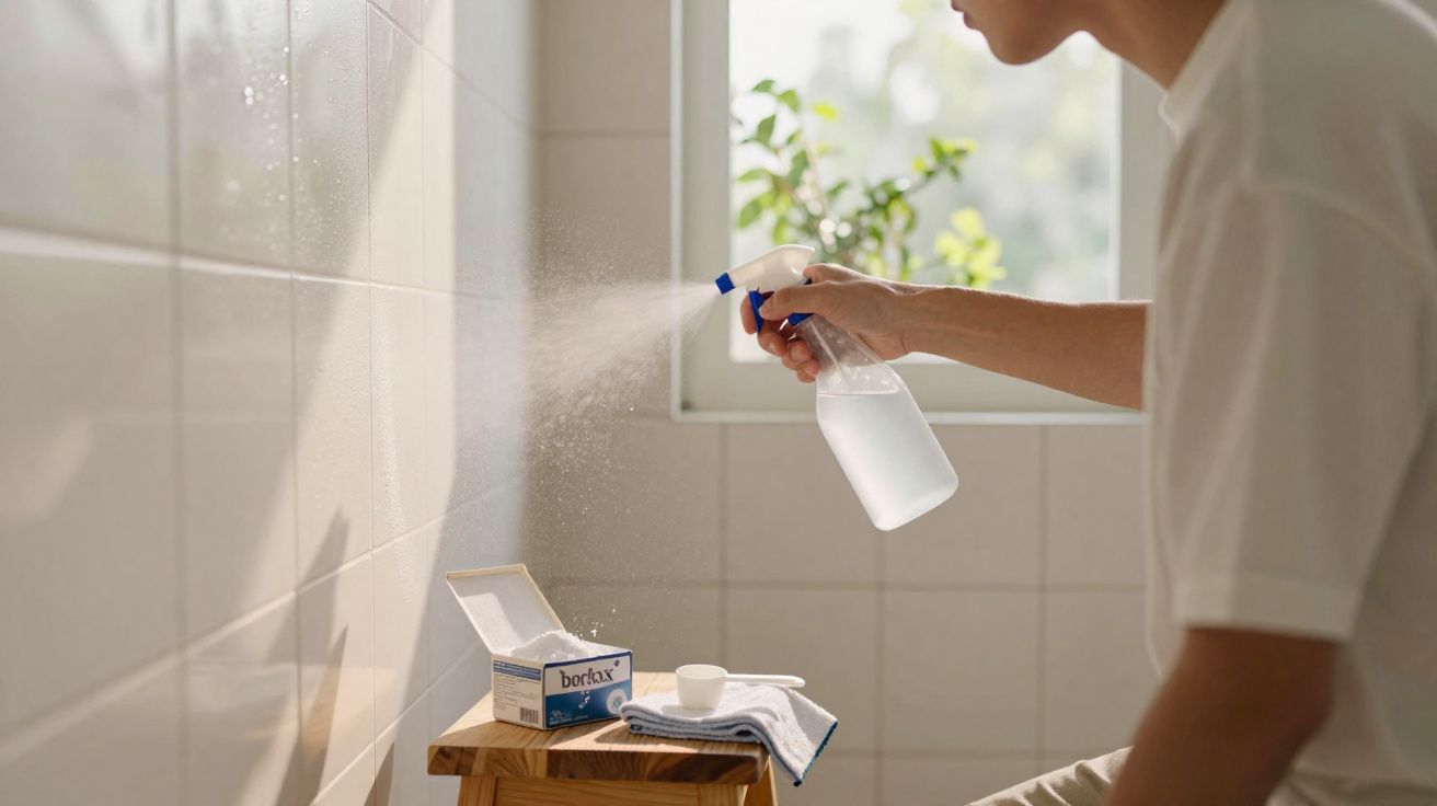 Pessoa borrifando spray de limpeza em azulejo branco próximo a janela aberta.