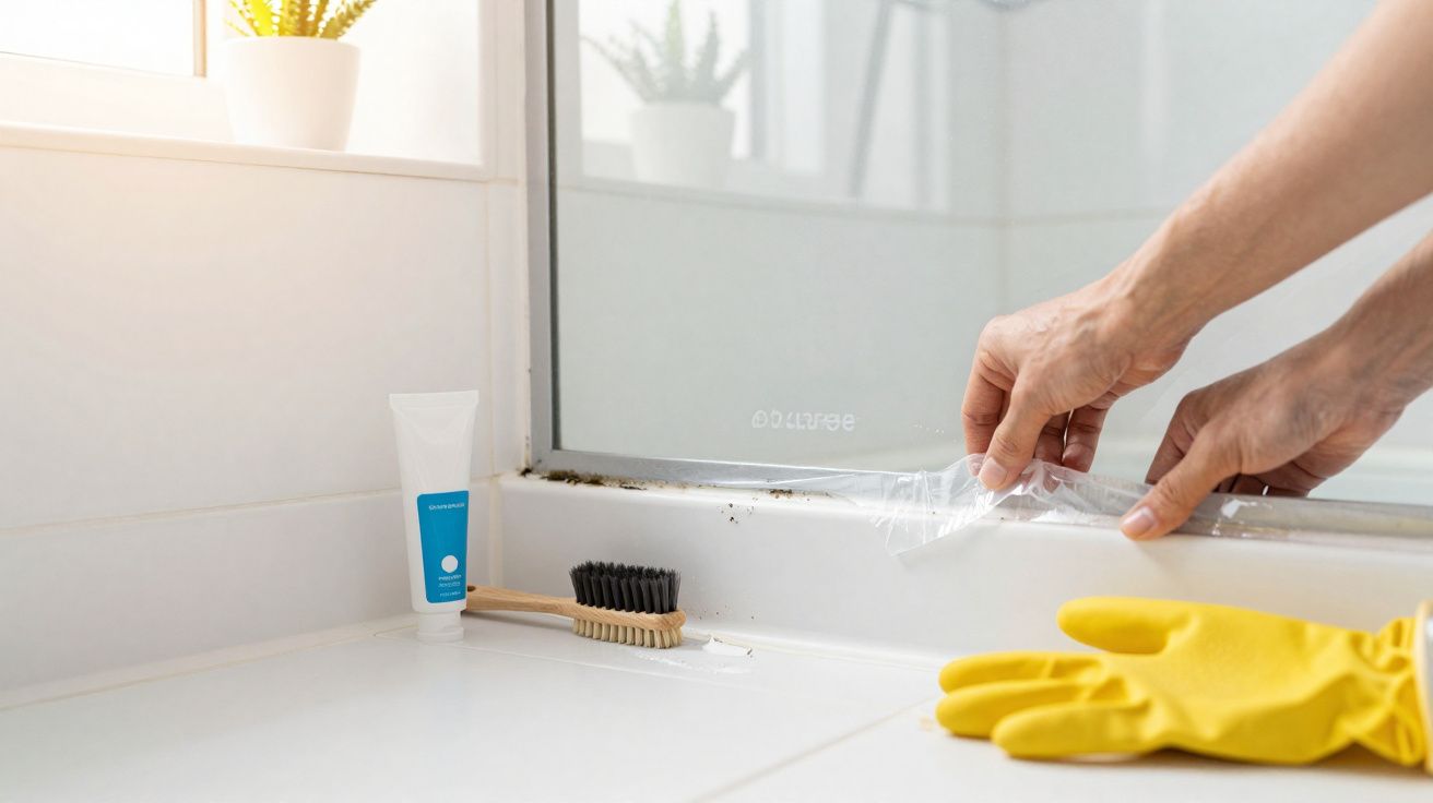 Mãos com luvas amarelas removendo plástico para limpar mofo em moldura de vidro no banheiro.