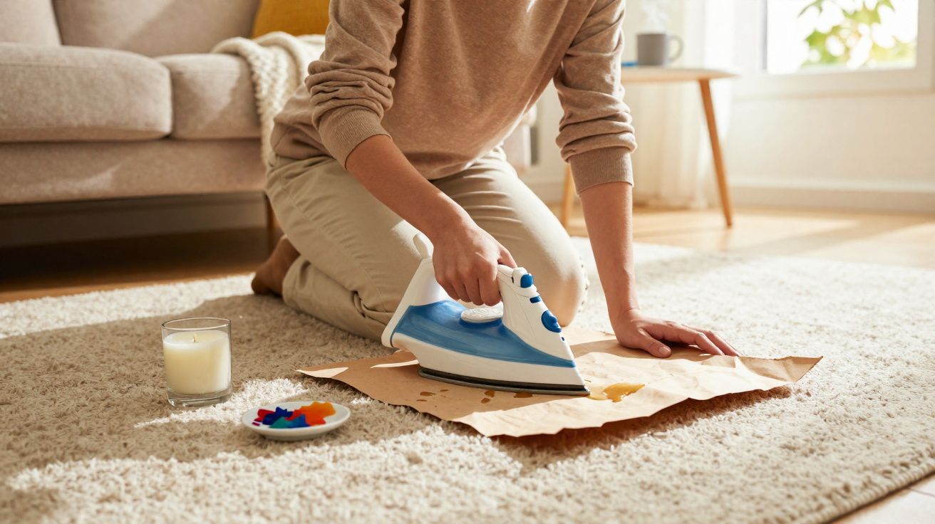 Pessoa passando ferro em papel para remover manchas de líquido em carpete claro na sala.